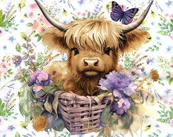 2 (Two) Paper Lunch Napkins for Decoupage/Mixed Media - Highland Calf in Bucket cow