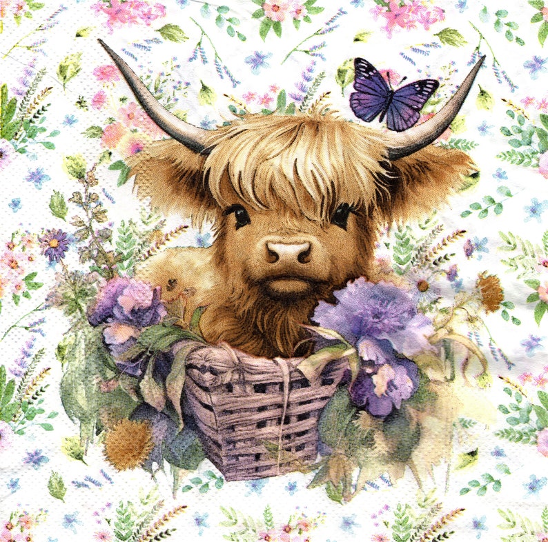 2 Two Paper Lunch Napkins for Decoupage/Mixed Media Highland Calf in Bucket cow image 1