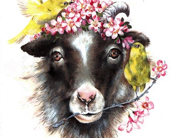 2 (Two) Paper Lunch Napkins for Decoupage/Mixed Media -  Memory of Spring goat with flowers