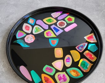 Colorful Iridescent Shapes on Black Wood & Resin Round Tray (2) - Handmade by BPW