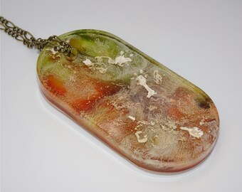 Large PENDANT NECKLACE Oval Resin Handmade in Nature Colors Green Orange