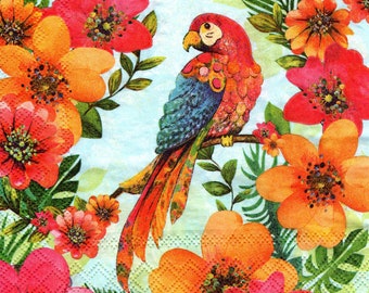 2 (Two) Paper Lunch Napkins for Decoupage/Mixed Media - Tropical Parrot red bird