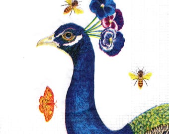 2 (Two) Paper Lunch Napkins for Decoupage/Mixed Media - Izmir the Peacock head close-up