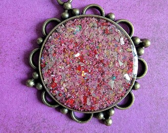 Round Pink and Red PENDANT NECKLACE Resin with Glitter in Bronze setting - Handcrafted by BPW