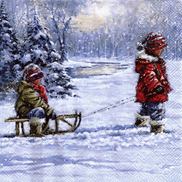 2 (Two) Paper Lunch Napkins for Decoupage/Mixed Media - Winter Sleigh Ride child person