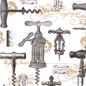 May include: A white background with a pattern of various antique corkscrews in black and gray, along with gold-colored script and stamps. The corkscrews are of different designs and sizes.