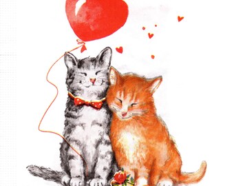 2 (Two) Paper Lunch Napkins for Decoupage/Mixed Media - Cat Love with Balloon