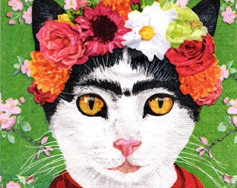 2 (Two) Paper Beverage/Cocktail Napkins for Decoupage/Mixed Media - Frida Kahlo the Cat with Flowers on her Head