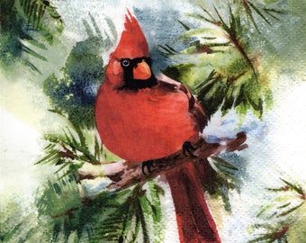 2 (Two) Paper Lunch Napkins for Decoupage/Mixed Media - Winter Cardinal bird red