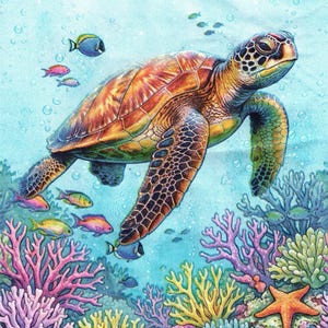May include: Watercolor illustration of a sea turtle swimming in the ocean. The turtle has a brown and orange shell and dark patterned flippers. Colorful fish and coral reefs in shades of pink, yellow, and blue surround the turtle.