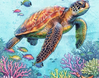 2 (Two) Paper Guest/Buffet Napkins for Decoupage/Mixed Media - Turtle Under Sea with Colorful Coral