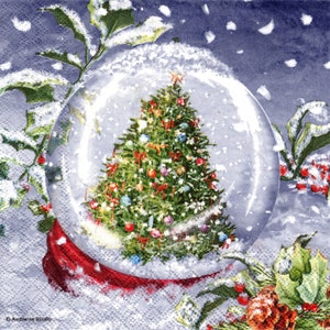 May include: A snow globe with a red base and a clear glass dome. Inside the globe is a green Christmas tree decorated with red, gold, and white ornaments. The background is a blue and white snowy scene.