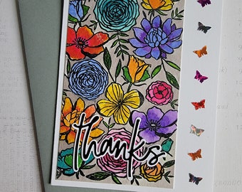Thanks - Handmade Watercolored Floral Pattern Notecard with butterflies, blank inside by BPW