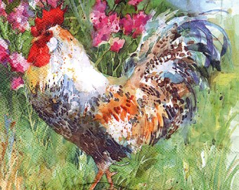 2 (Two) Paper Lunch Napkins for Decoupage/Mixed Media - Aquarell Rooster