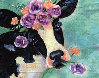 2 (Two) Paper Lunch Napkins for Decoupage/Mixed Media - Pretty Cow with Flowers