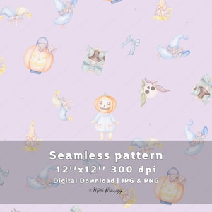 Whimsical Pastel Retro Halloween Printable Seamless Pattern, Cute Pumpkin Doll and Witch Hat Digital Paper, Spooky Aesthetic Surface Design