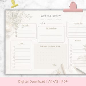 May include: A weekly reset planner sheet featuring sections for Top 3 Goals, This Week's Focus, Upcoming Plans, Tasks, Reminders, and a Brain Dump area. The layout includes lines, checkboxes, and star icons, with the text Digital Download | A4/A5 | PDF.