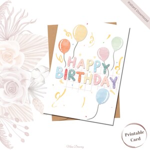 Cartão de aniversário colorido minimalista | Versão em aquarela | Balões | Cartão de felicitações para impressão para crianças | Tamanhos 5x7 e 4x6 | Download instantâneo |