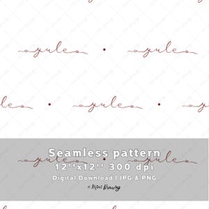 Könnte beinhalten: Ein nahtloses digitales Muster mit dem Wort yule in dunkelroter Schreibschrift, akzentuiert durch kleine Herzen und Punkte auf weißem Grund. Der Text enthält die Beschriftung Seamless pattern 12x12 300 dpi Digital Download.