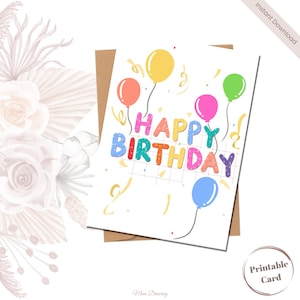 Cartão de aniversário colorido para impressão | Download instantâneo | Cartão de feliz aniversário com balão para crianças | Saudação de aniversário divertida | Tamanhos 5x7 e 4x6 |