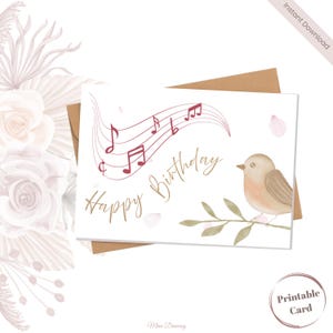 Musikalische Vogel-Geburtstagskarte | Druckbare Karte | Natur inspiriert | Digitaler Download | 15x10 & 18x18 | Alles Gute zum Geburtstag | Aquarell- und Tuscheentwurf |