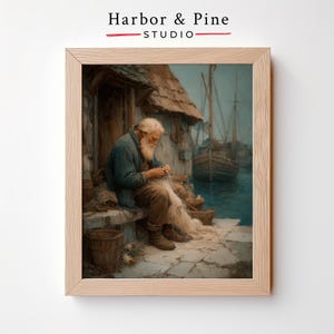 Rustic Fisherman on Dock Oil Painting - Vintage Maritime Art, Seaside Scene, Printable Wall Decor, Nautical Coastal Art Print 1375