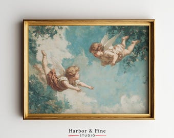 Cherubini d'epoca nel cielo - Scena eterea stampabile, arte angelica in stile antico, decorazione celeste, stampa artistica romantica da parete 1696