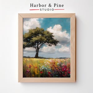 Lone Tree in Quiet Field Wall Art Peaceful Open Land in Rustic Oil Style, Minimal Nature Landscape Scene for Tranquil Decor, Download