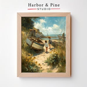 Niños jugando junto a barcos volcados - Pintura al óleo, escena costera, arte mural infantil de playa rústica, decoración náutica de verano (impresión 811)