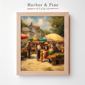 Sunny Farmers Market Street Scene Wall Art Cozy Rustic Village Vendor in Soft Oil Style, Quaint Summer Town Market Decor, Download 634