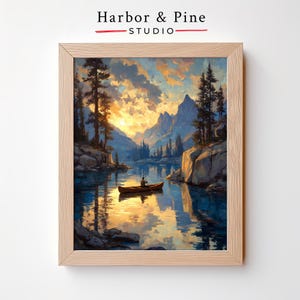 Canoe on Sunset Lake with Mountains – Rustic Nature Wall Art, Tranquil Golden Hour Scene, Cottagecore Reflection View, Printable Landscape