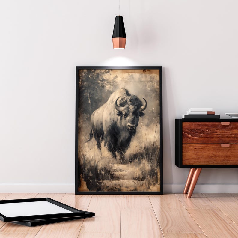 Charcoal Bison Wall Art - Neutral Western Animal Print, Rustic Buffalo ...