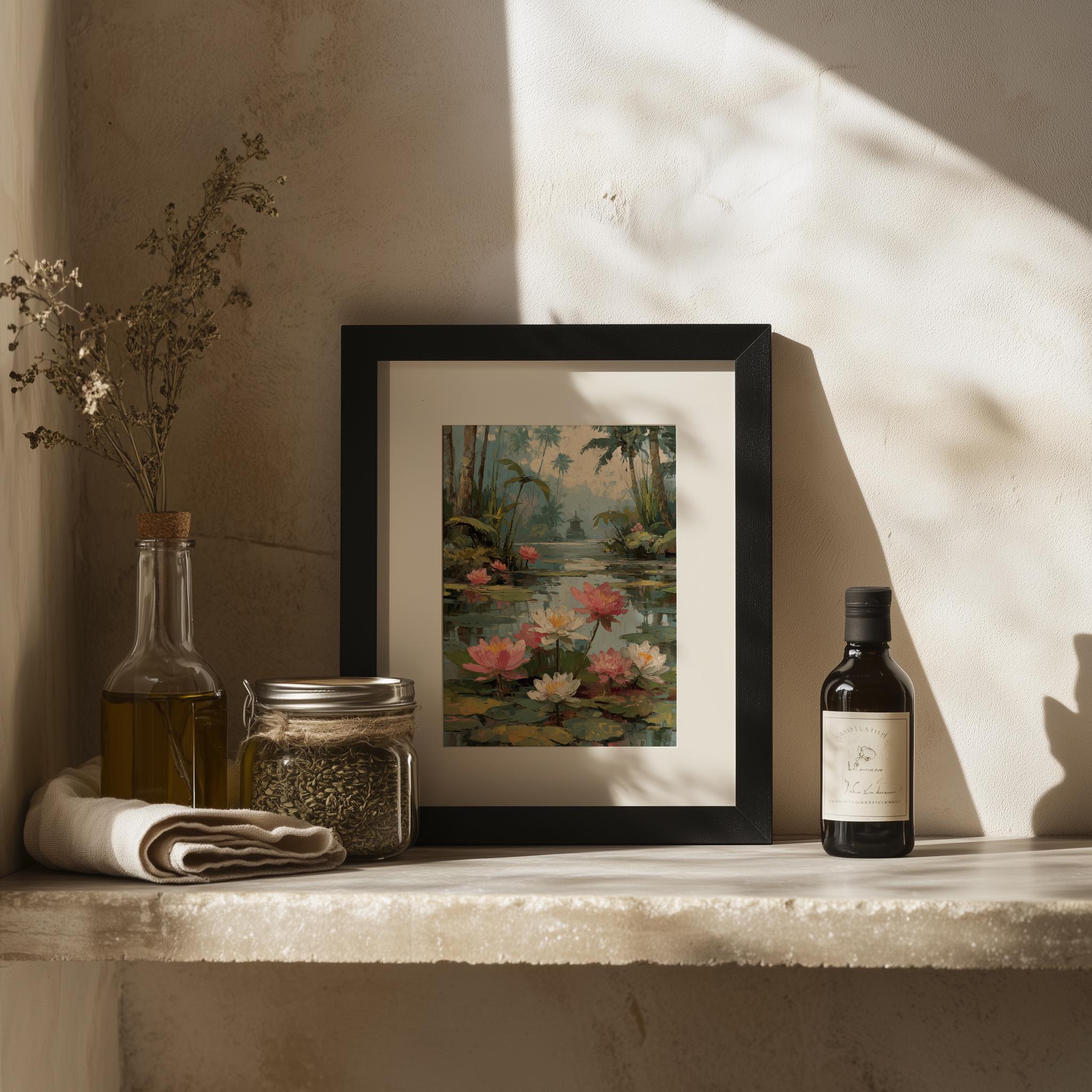 Pink Lotus Pond Wall Art Printable – Tranquil Water Lily Scene, Rustic ...