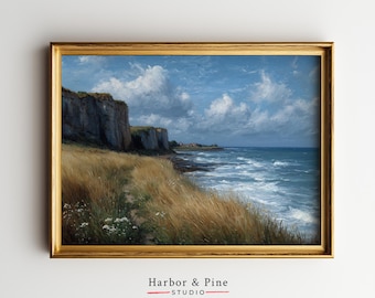 Moody Coastal Seascape Print - Dramatic Cliff and Ocean Art, Rustic Landscape Decor with Golden Grasses, Digital Download 1576