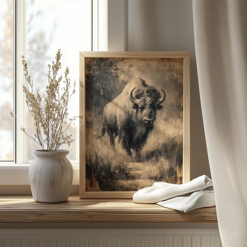 Charcoal Bison Wall Art - Neutral Western Animal Print, Rustic Buffalo ...