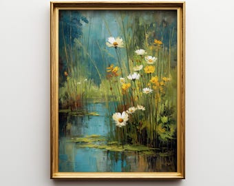 Pond Edge Scenic View Printable - Rustic Nature Landscape Art, Majestic Meadow Panorama, Earthy Cottagecore Decor, Digital Art Print