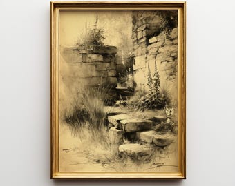 Croquis vintage d'herbes sauvages et de digitales - Art floral cottagecore rustique, décoration murale imprimable, téléchargement numérique inspiré de la nature