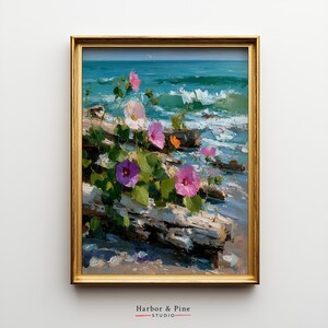 Coastal Floral Printable Art with Driftwood and Wildflowers - Beach Flower Landscape Painting, Rustic Ocean Decor, Summer Wall Art 1411