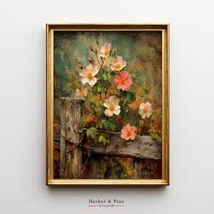 Rustic Wild Rose Bush Painting - Weathered Fence Art, Cottagecore Floral Wall Decor, Printable Vintage Landscape, Nature Print