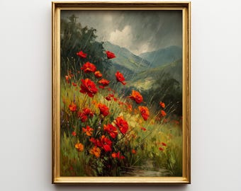 Summer Rain Landscape Printable  - Moody Hillside Art, Rustic Summer Wall Decor, Vintage Earthy Painting, Digital Download