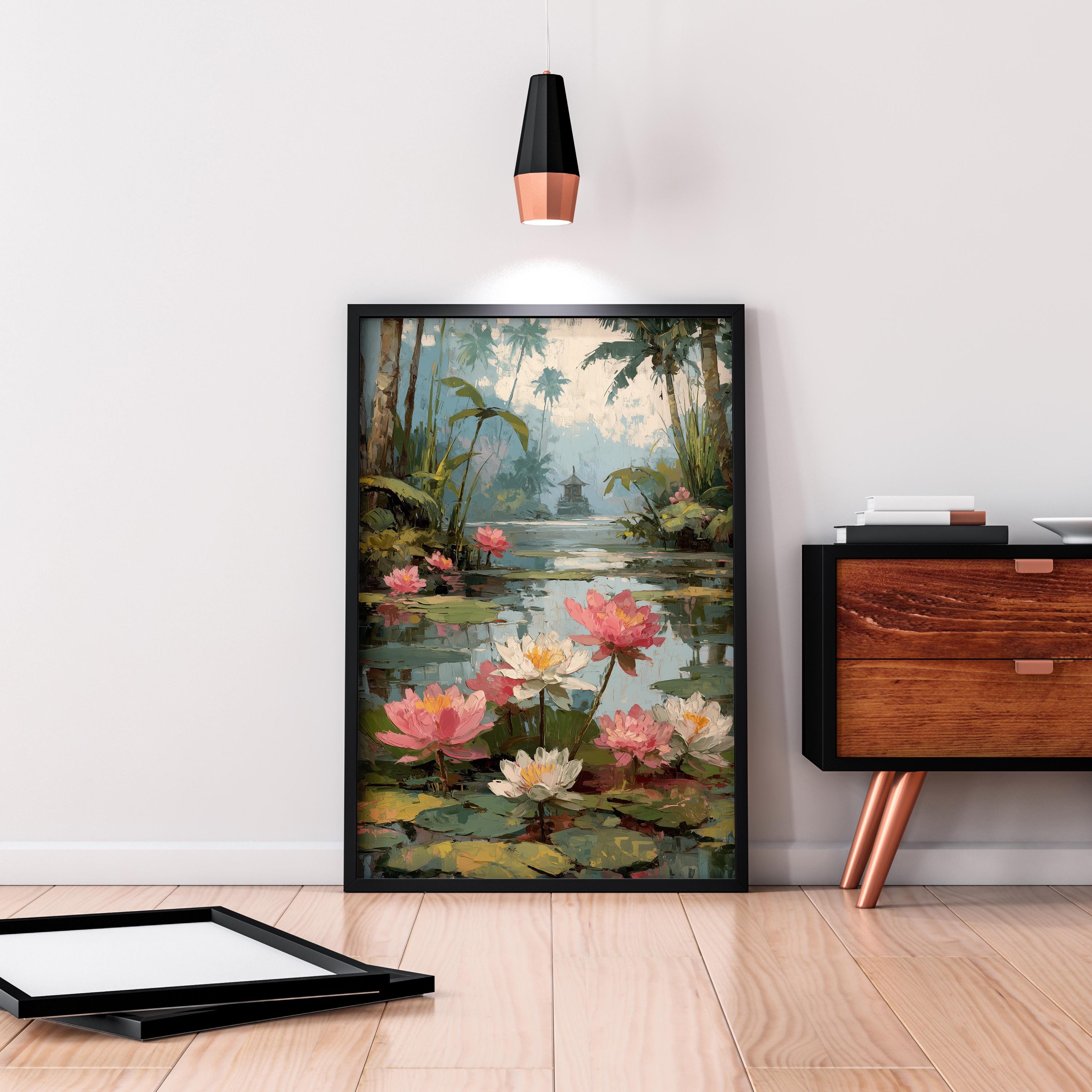 Pink Lotus Pond Wall Art Printable – Tranquil Water Lily Scene, Rustic ...