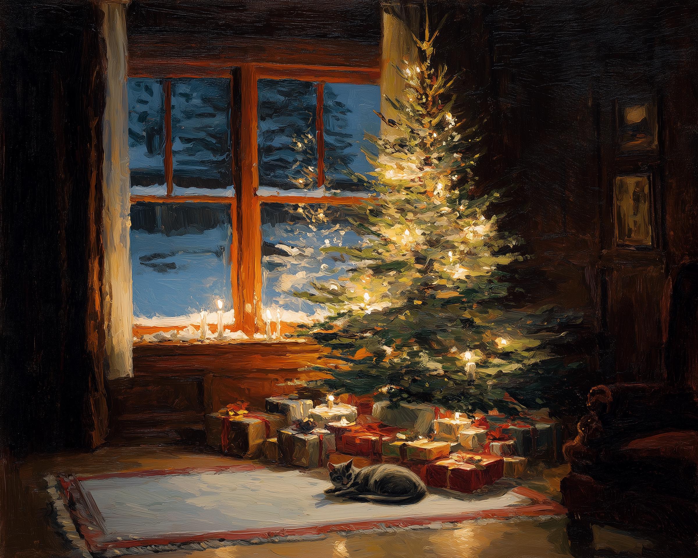 Festive Christmas Tree by a Snowy Window - Cozy Winter Night Painting, Warm  Lit Interior Scene Printable Art, Holiday Wall Decor 1724 - Etsy, image size:2400x1920