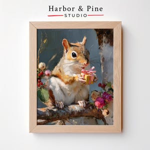 Charming Squirrel Holding Gift - Rustic Woodland Animal Art, Printable Nature Decor, Cottagecore Forest Scene, Digital Wall Art 1345