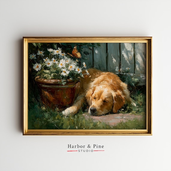 Golden Retriever Dozing Art - Rustic Summer Cottage Garden Scene