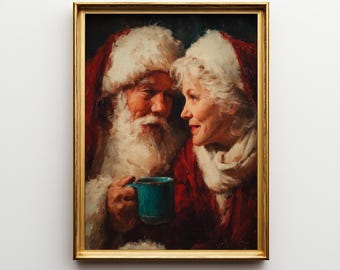 Santa & Mrs Claus Cozy Christmas Portrait – Vintage Holiday Wall Art, Festive Oil Painting Printable, Xmas Digital Download 1366