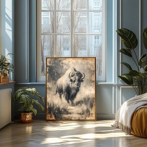 Charcoal Bison Wall Art - Neutral Western Animal Print, Rustic Buffalo ...