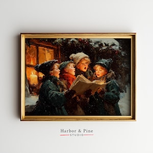 Christmas Carolers at Night - Cozy Holiday Family Scene, Festive Christmas Decor, Vintage Seasonal Art Printable, Winter Wall Art 1462