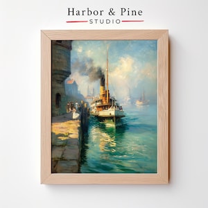 Vintage Steam Ferry Docking Printable - Bright Nautical Wall Art, Historic Harbor Scene, Coastal Decor for Maritime or Beach Homes