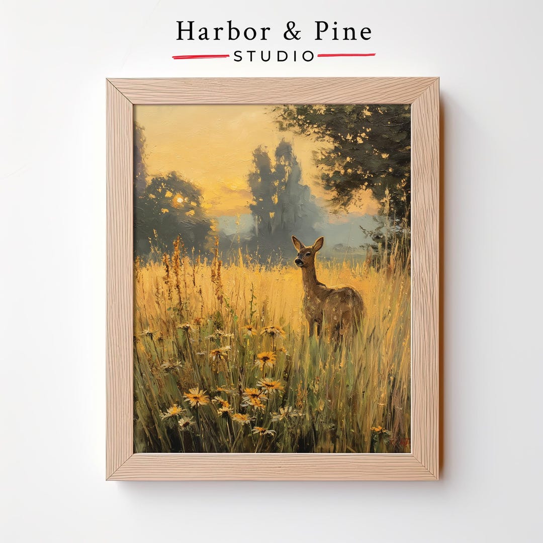 Summer Deer Forest Wall Art Rustic Wildlife Painting of Gentle Woodland ...