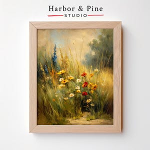 Wildflowers in Summer Breeze Printable - Rustic Landscape Art, Cottagecore Swaying Flowers Scene, Vintage Botanical Decor Print
